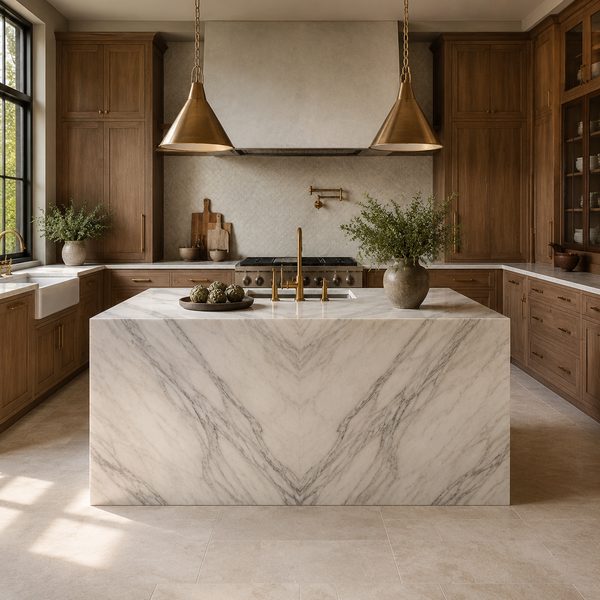Marble kitchen with herringbone backsplash