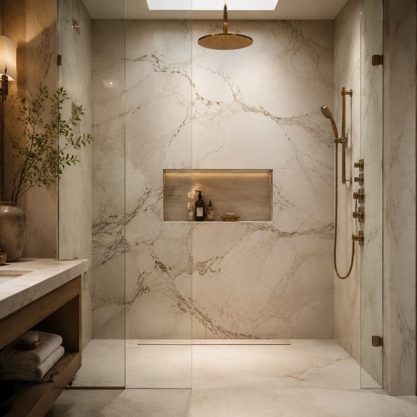 Spa bathroom with large-format marble shower
