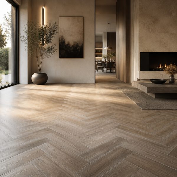 Herringbone wood-look porcelain floor